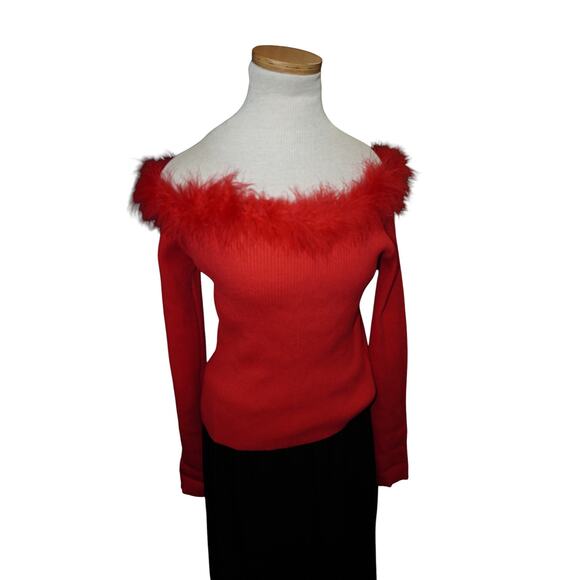 Paprika Red Feather Trim Off-Shoulder Sweater Top – Size L (Y2K Bardot) - Picture 4 of 11